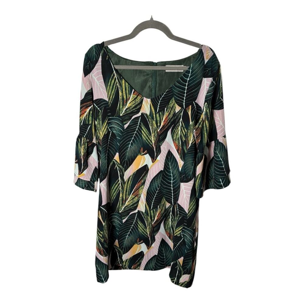Belongsci Green Tropical Print Dress With V Neckline and Zippered Back Sz Med